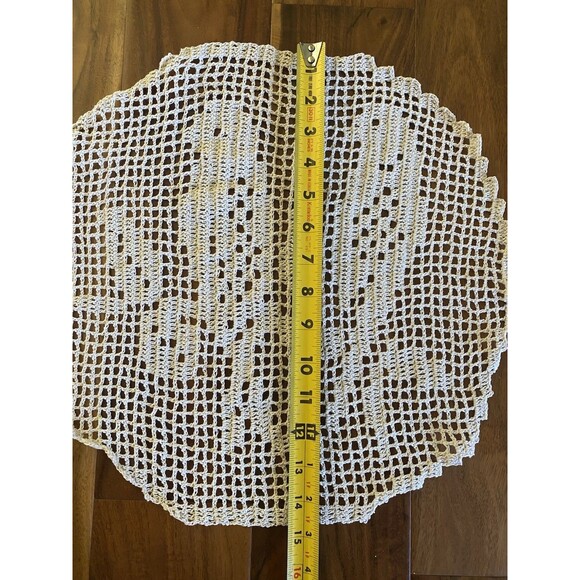 Vintage Handmade Crochet Grey 2 Birds on the Branch Round Doily Filet 15”*14.5” - Picture 3 of 4
